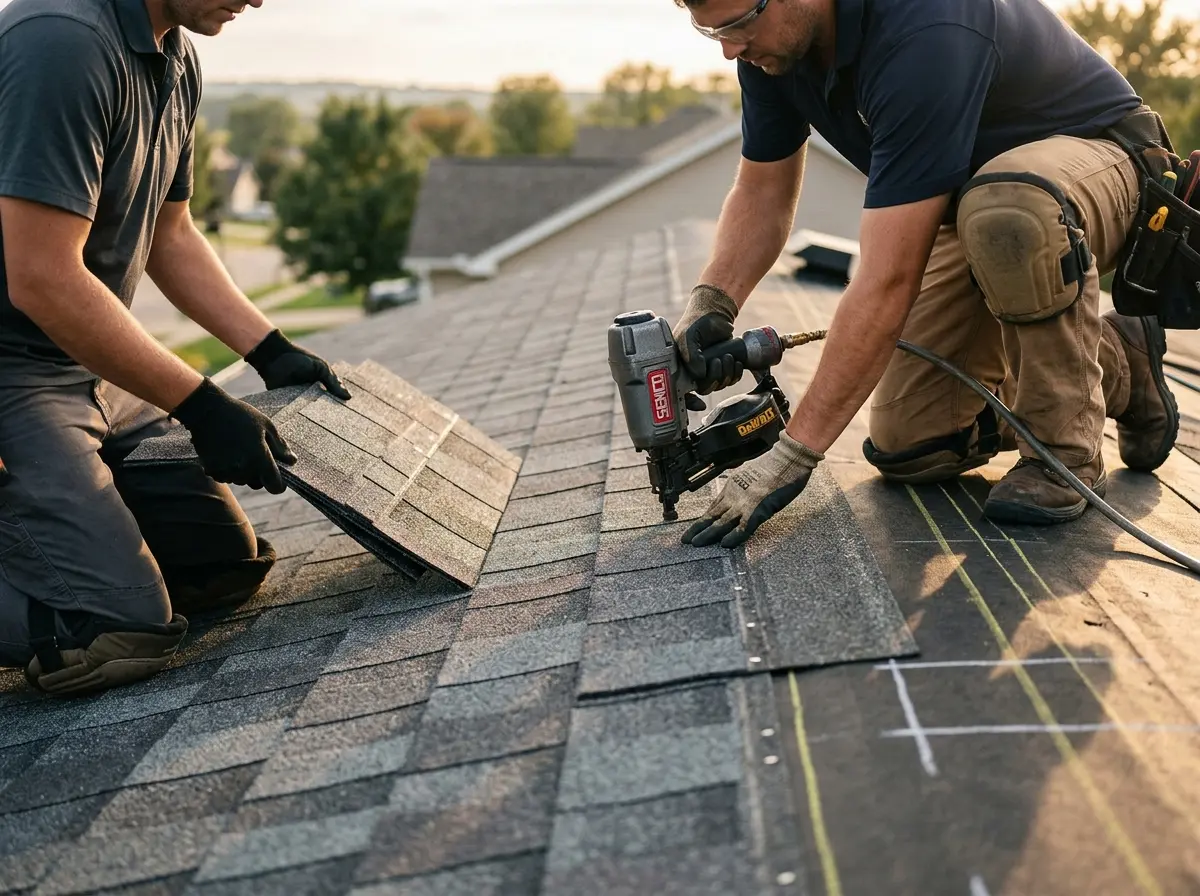 Professional roofer working on a residential roof in Jersey Village